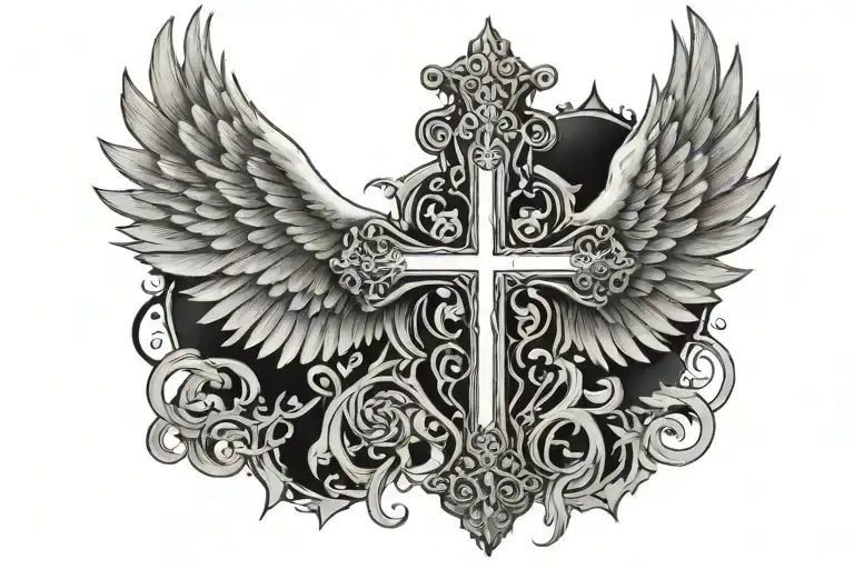 a upper back tattoo with wings shoulder to shoulder and a cross in the middle that continue on the spine tattoo design idea