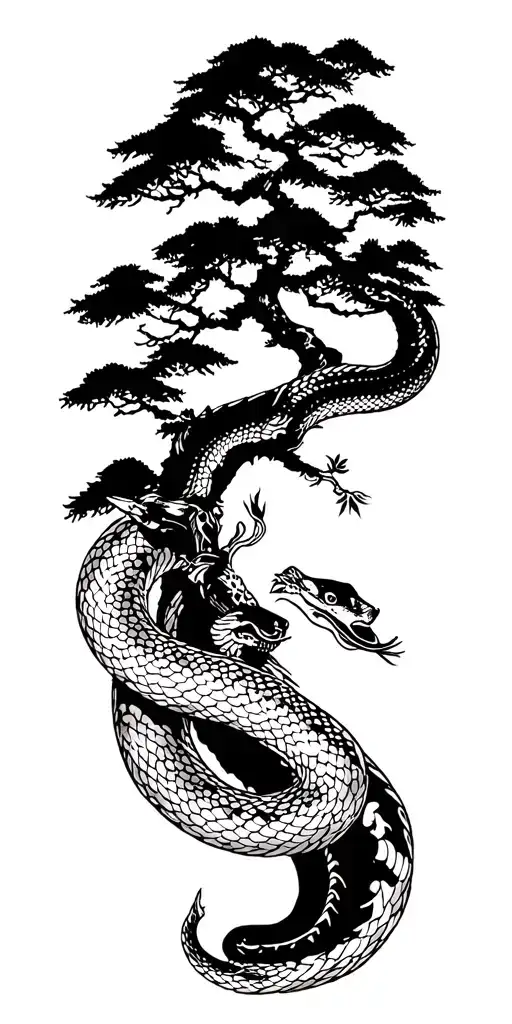 fu dog and a tree from beneath in black and white and a snake around it tattoo design idea
