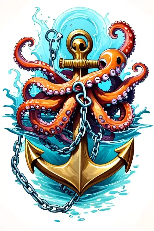 octopus wrapped around anchor in water with broken chain tattoo design idea