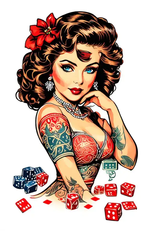 life is a gamble casino girl with dice tattoo design idea