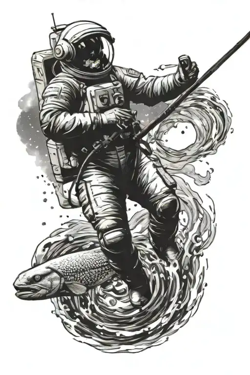 spaceman standing with a fishing rod in water with the night sky above tattoo design idea tattoo design idea