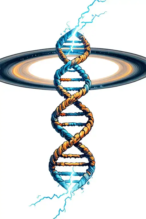 A tattoo with the image of a woven DNA chain surrounded by the rings of Saturn. Lightning of uranium passes through the composition. tattoo design idea