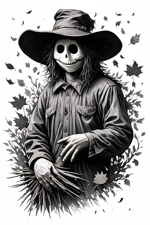scarecrow surrounded by falling autumn tattoo design idea