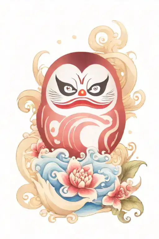 daruma doll and wave tattoo design idea