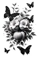 peach tree and butterflies surrounding tattoo design idea