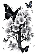 peach tree and butterflies surrounding tattoo design idea