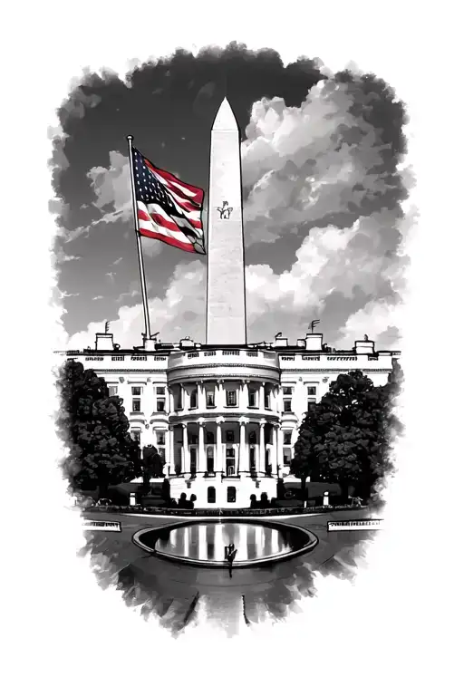 whe White House with D.C.flag and the Washington monument behind it tattoo design idea