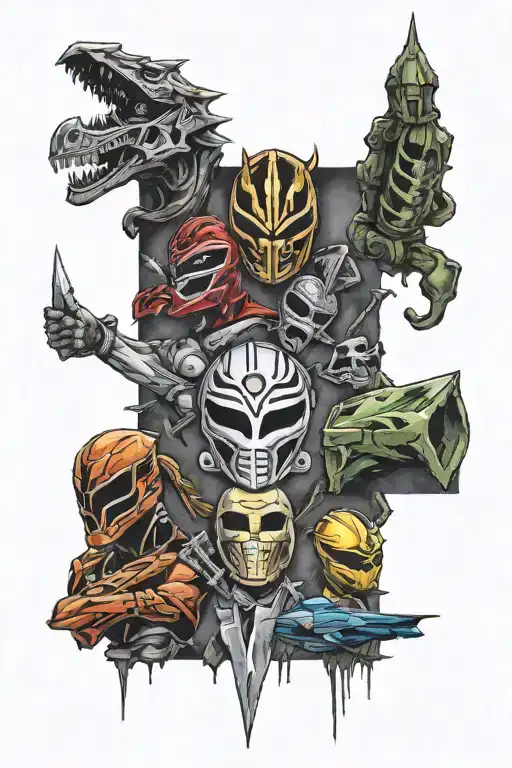TV shows 'Survivor' and 'Power Rangers.' Include the torches from 'Survivor'. mostly survivor in the tattoo tattoo design idea