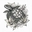 Sea Turtle With Lilac And Lily Flowers Blooming Tattoo to be placed behind left shoulder tattoo design idea