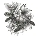 Sea Turtle With Lilac And Lily Flowers Blooming Tattoo to be placed behind left shoulder tattoo design idea