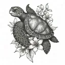 Sea Turtle With Lilac And Lily Flowers Blooming Tattoo to be placed behind left shoulder tattoo design idea