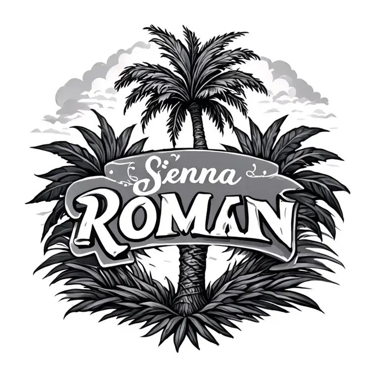 "Sienna Roger Roman" kids names intertwined in palm tree tattoo design idea