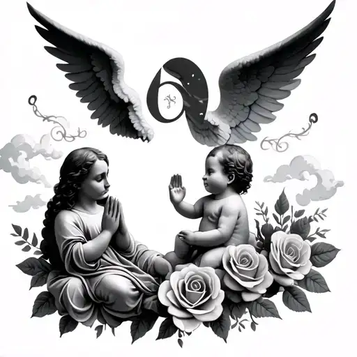 Jesus with little praying baby angel numeral numbers with clouds and roses  tattoo design idea