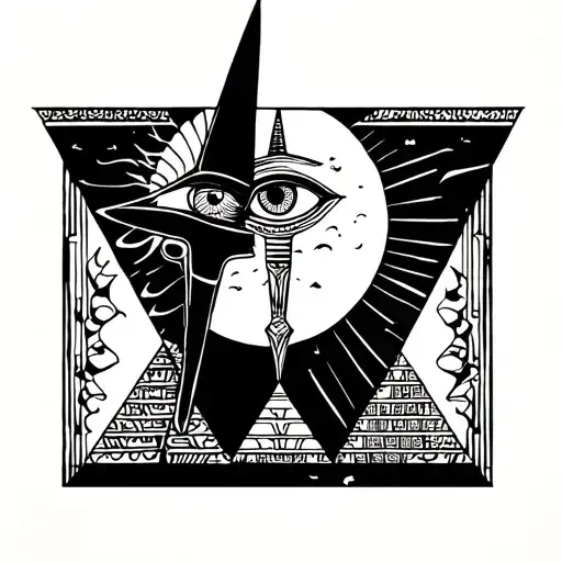 Anubis scepter, Osiris eye, pyramid, moon and sun tattoo design idea