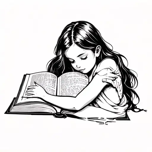girl hugging a closed book tattoo design idea