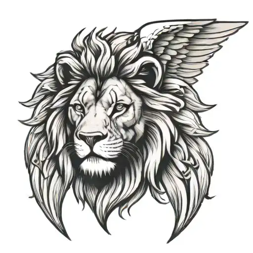lion head and angel wings spread wide tattoo design idea