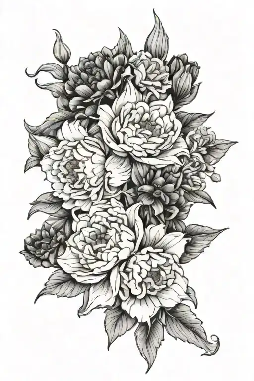 narcissus, peonies, carnation, lilac, dahlia, gladiolus flowers tattoo design idea