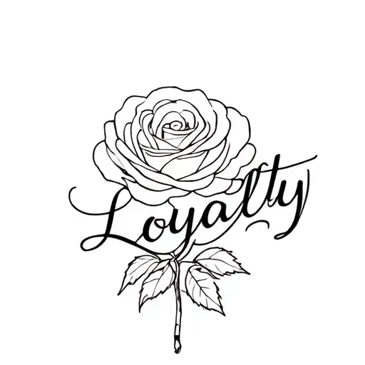rose with cursive stem of the word loyalty tattoo design idea