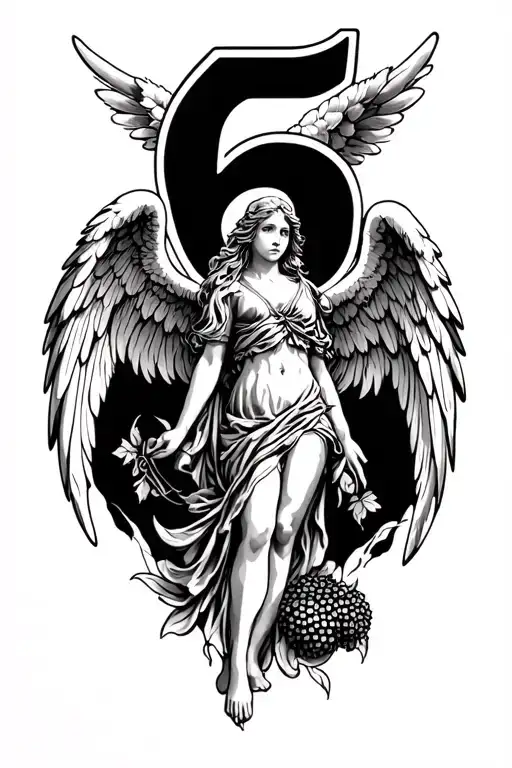 Number 6 bramble angel with wings tattoo design idea