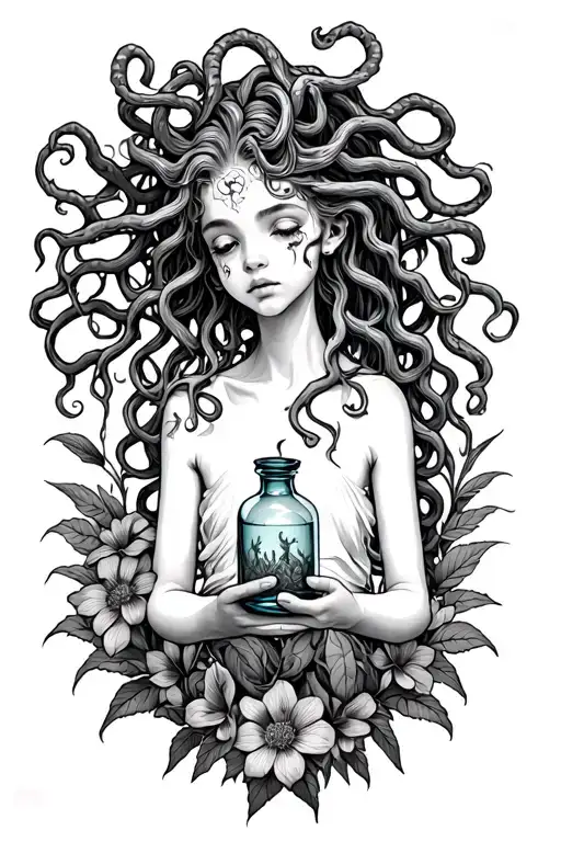 7 year old mad Medusa holding a small vile of Aqua Tofana and surrounded by poisonous plants and flowers tattoo design idea