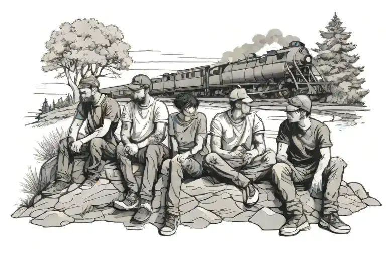 3 friends sitting on a hill with trees looking at a train tattoo design idea