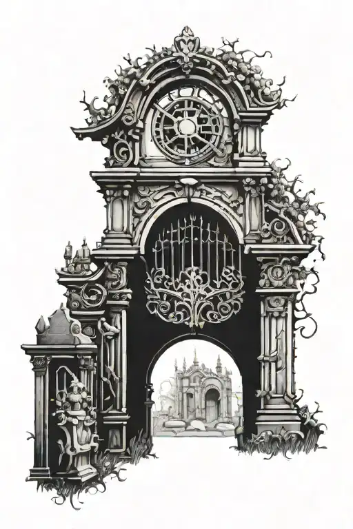 Cemetery gate with intricate carpentry details stomach tattoo tattoo design idea