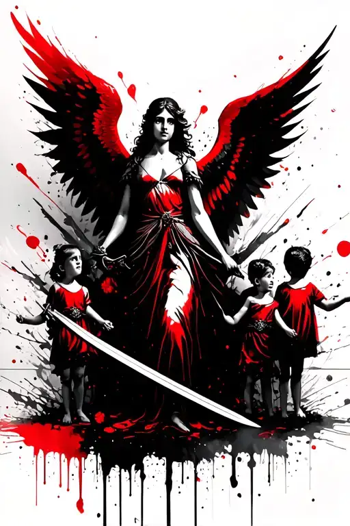 angel with big wings holding sword and protecting  children tattoo design idea