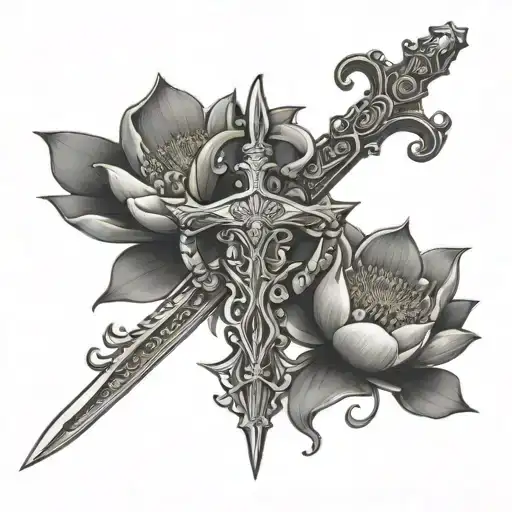 St Michael's sword with a lotus flower blooming tattoo design idea