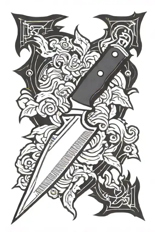 simple 2d image of a single military style knife in all black for a tattoo tattoo design idea
