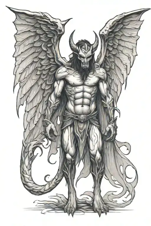 Demon With leathery wings standing facing forward tattoo design idea