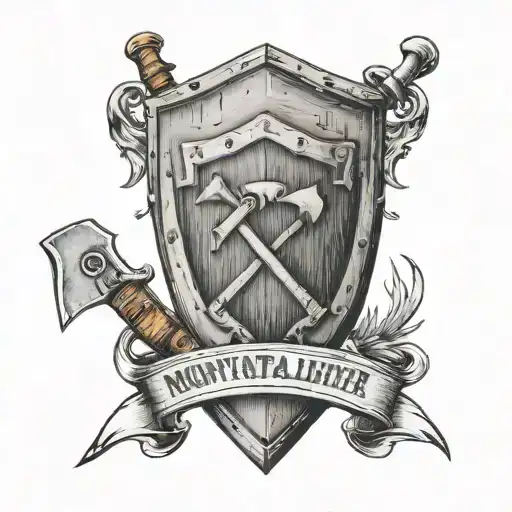 Shield with pickaxe and woodcutter axe stuck, words etched in the shield "Montani Semper Liberi" tattoo design idea