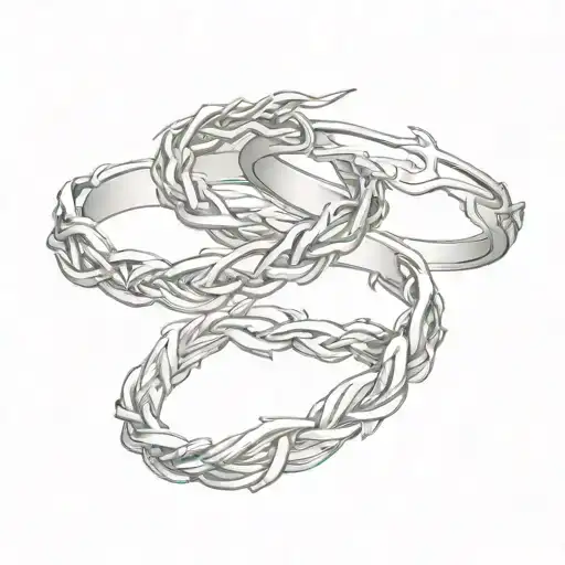 A Male and a female wedding ring with a crown of thorns in between to indicate that a three corded knot cannot be broken tattoo design idea