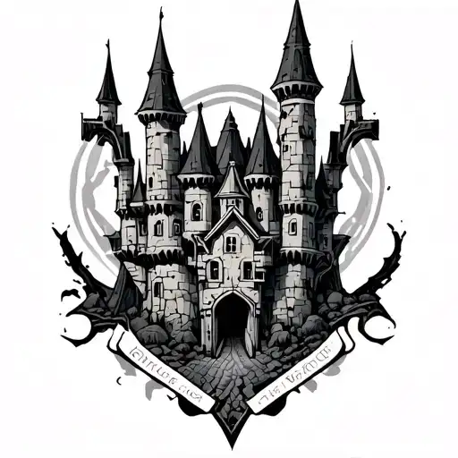 cyber sigilism castle tattoo design idea