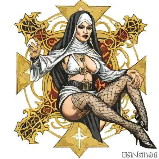 Sexy Nun Stripper, fishnet stockings, huge boobs, wide hips, revealing attire, seductive facial expressions, gold cross tattoo design idea