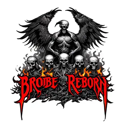 "Brobe Reborn" fantacy full back with phoenix grim reapers  skulls deamons at gates of hell with fire and smoke tattoo design idea