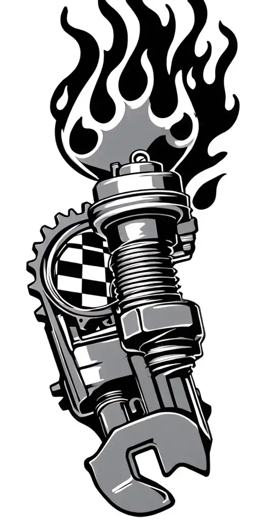 flames, checkered, wrench, sprocket, carburetor, 326, spark plug, piston, 326, harley motor tattoo design idea