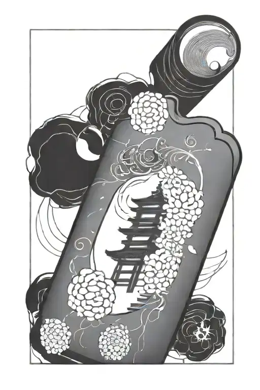 the tip of a japanese pagoda exiting third dimension perspective from one single rectangual japanese blank omamori charm tattoo design idea