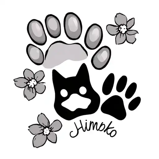 2 paw prints, 1 dog 1 cat, chewy for dog, himiko for cat, 2 small flowers around both with nails for each. tattoo design idea