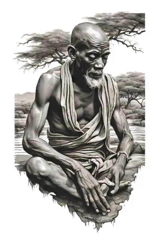African monk meditating figure tattoo design idea
