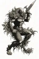 savage shredded warrior standing in a garden or flowers. tattoo design idea