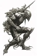 savage shredded warrior standing in a garden or flowers. tattoo design idea