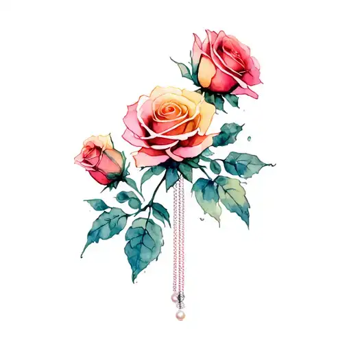 A watercolor minimalist tattoo of long roses with a pearl necklace around the stem.  tattoo design idea
