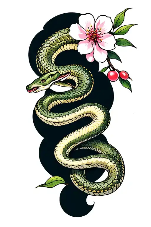 snake wrapped around a cherry blossom branch tattoo design idea