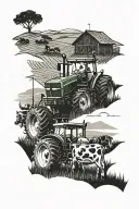 John Deere tractor and dairy cows grazing on the hills tattoo design idea