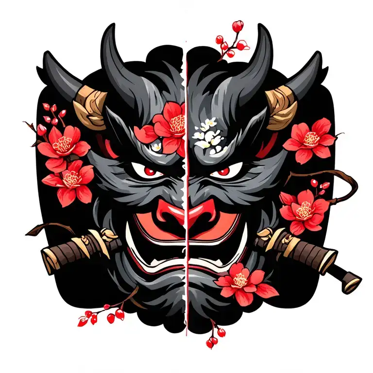 A single Oni maskA katana slicing through the center of the mask, splitting it into two halves.Cherry blossoms surroundi tattoo design idea
