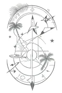 Arrow going through the north and south end of a compass with a palm tree, airplane, sun, and moon incorporated within tattoo design idea