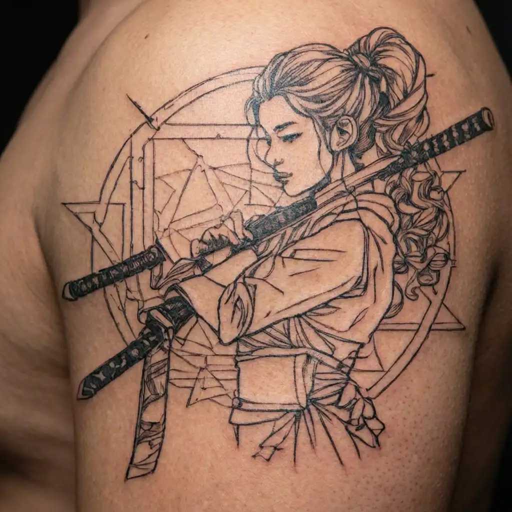 dotwork watercolor geometry knife katana girl holding katana tattoo design idea