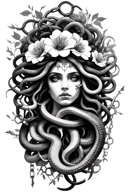 Medusa tattoo with 16 snakes, 9 flowers, and 8 broken chains  tattoo design idea