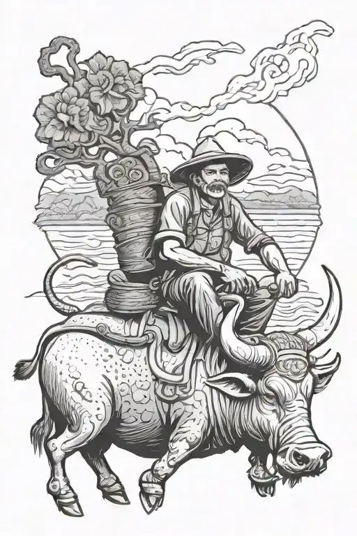 Farmer in traditional vietnamese hat sitting on a water buffalo with big horns tattoo design idea