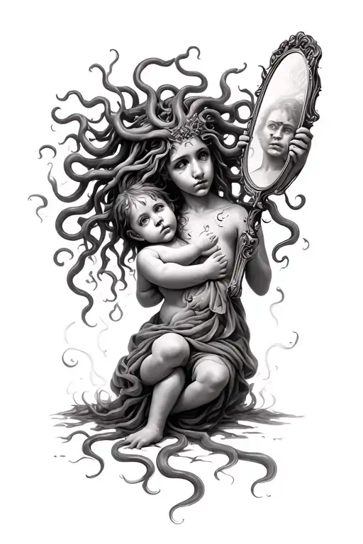 Medusa holding a mirror of a traumatized child tattoo design idea